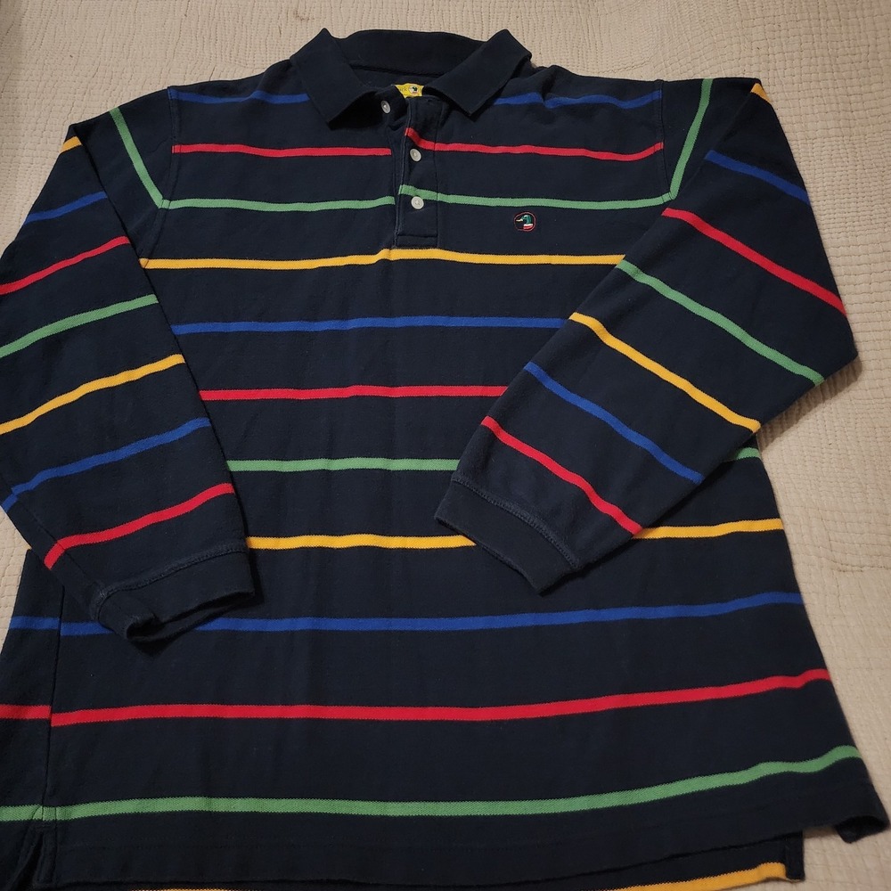 Y2K Duck‎ Head Men's Striped Long Sleeve Polo Shirt Size L 1990s